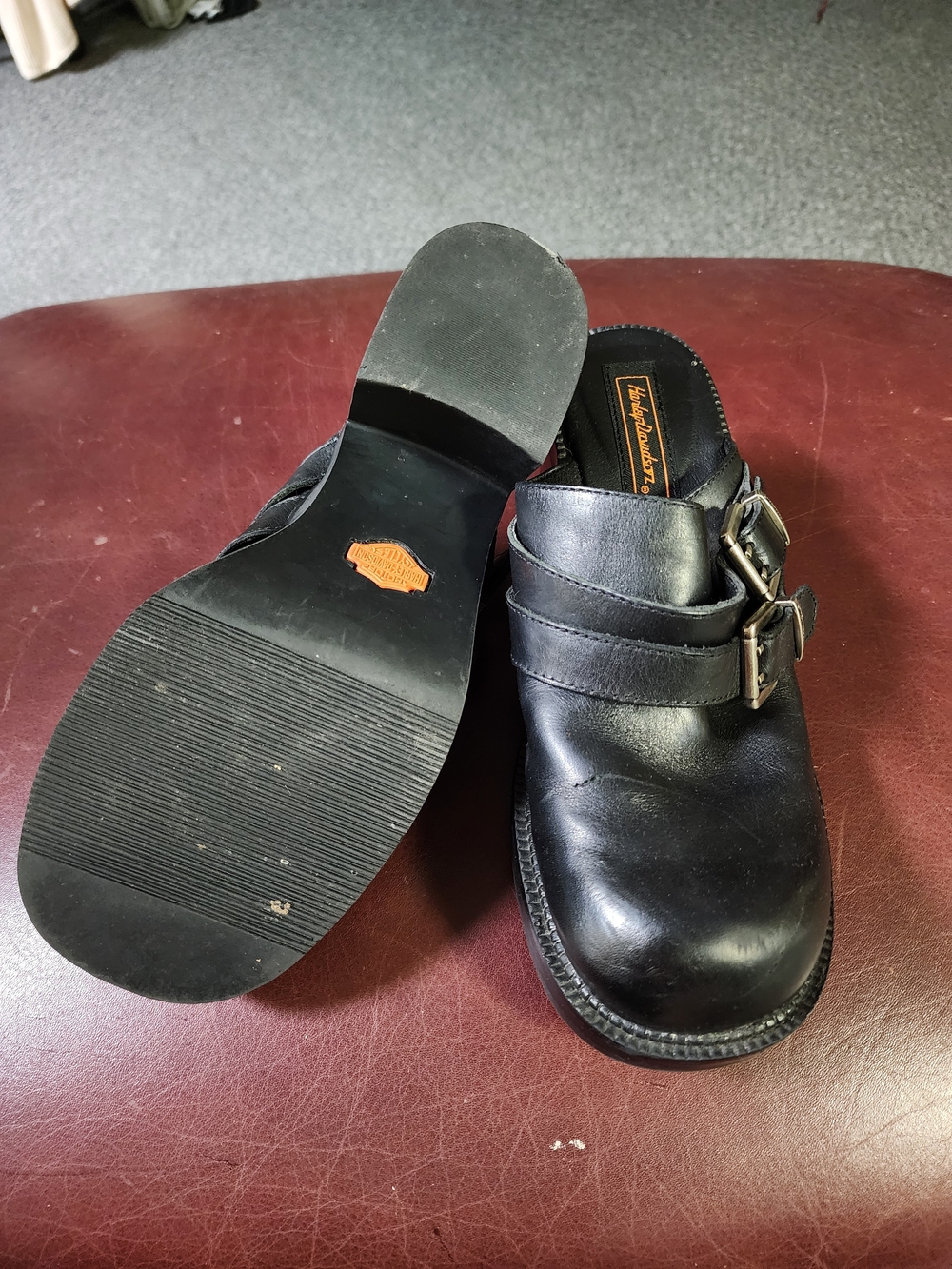 Women's  Sz 9 Harley Davidson Black Leather Slip-On Clog with Buckle Accent